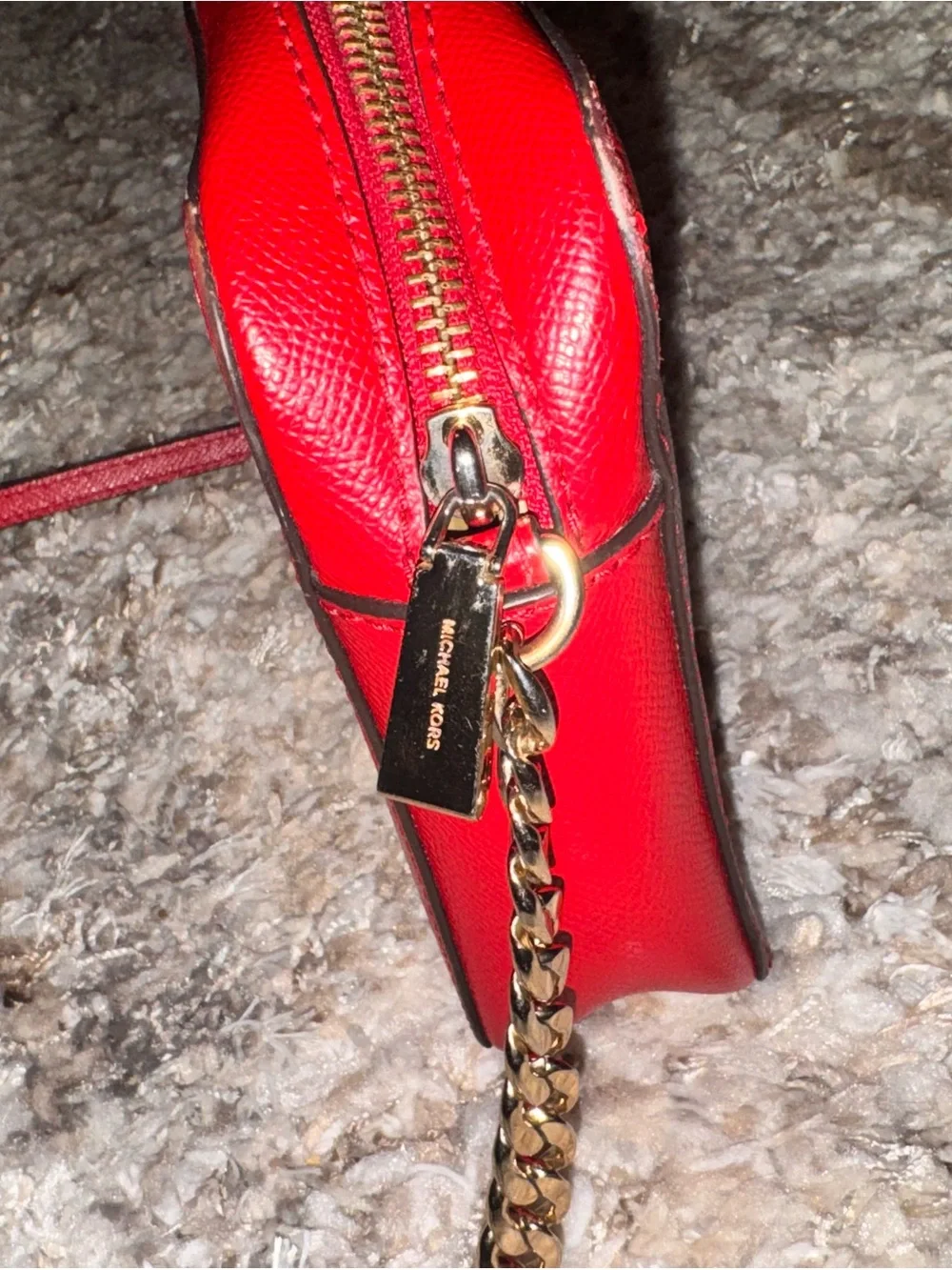 Michael Kors Red Saffiano Leather Crossbody Camera Bag with Gold Chain